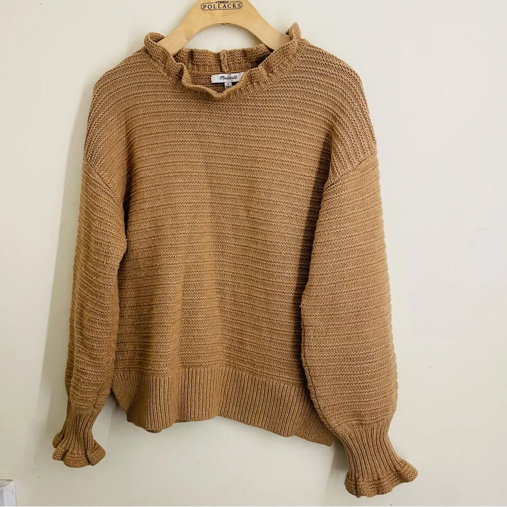 Madewell Merino Wool Blend Textured Knit Ruffle Sweater Camel Brown Size S - Image 12