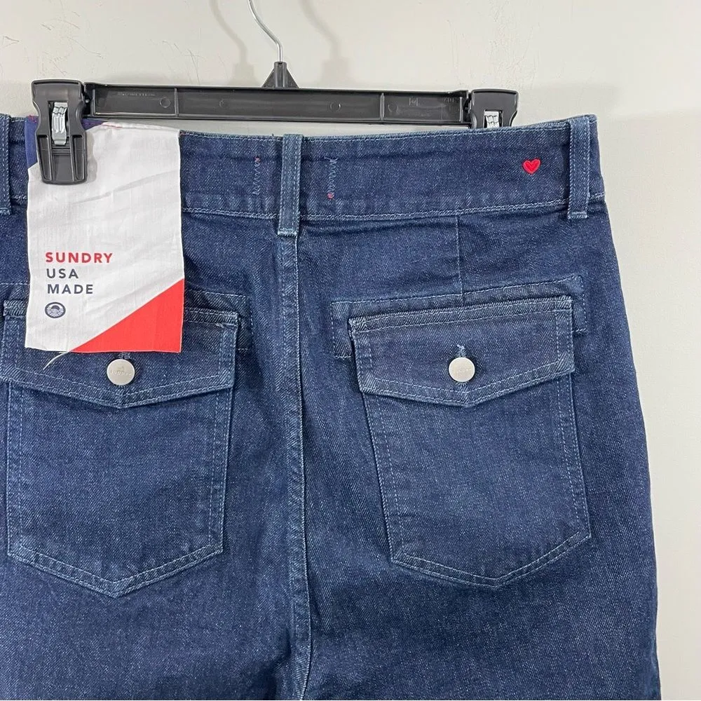 NWT Sundry Dark Blue Wash High Rise Pleated‎ Military Relaxed Fit Denim Pants 27 - Image 6