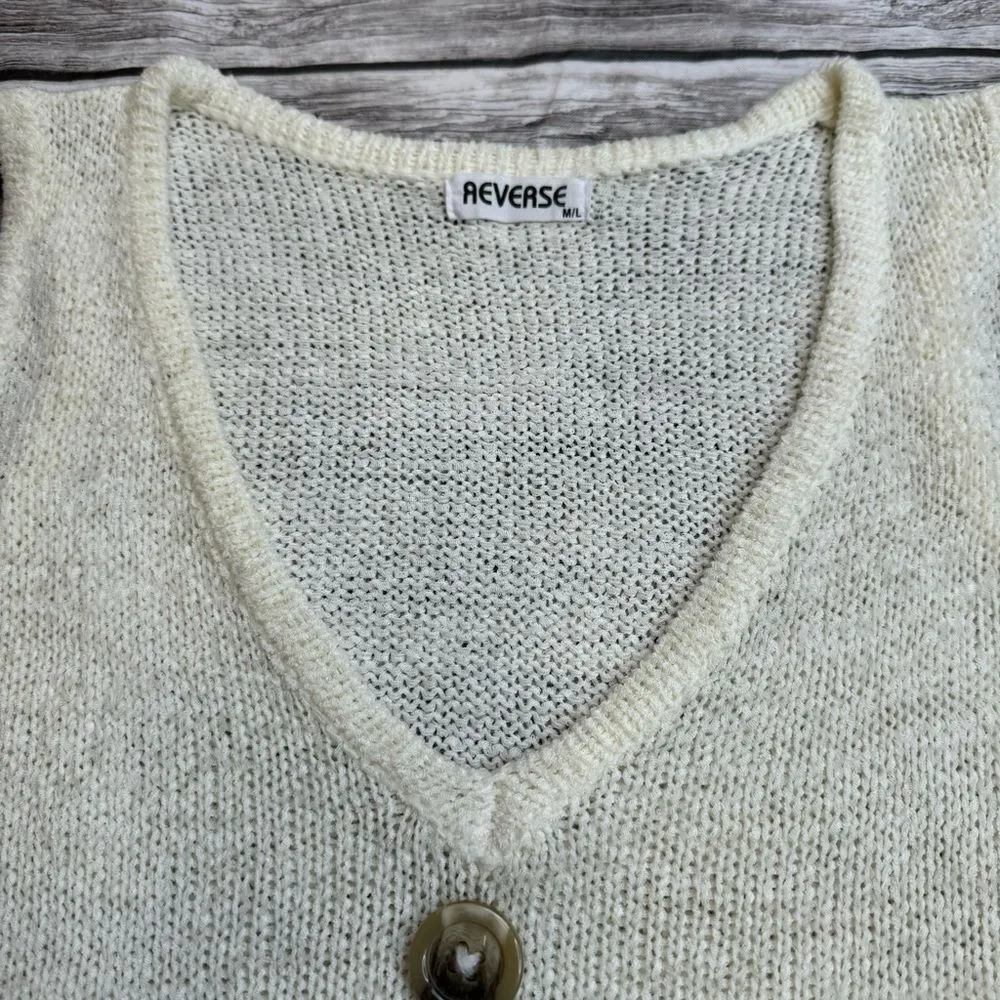 Reverse Women's Sleeveless Tank Top V Neck Sweater Vest M/L Ivory Cream Buttons - Image 5