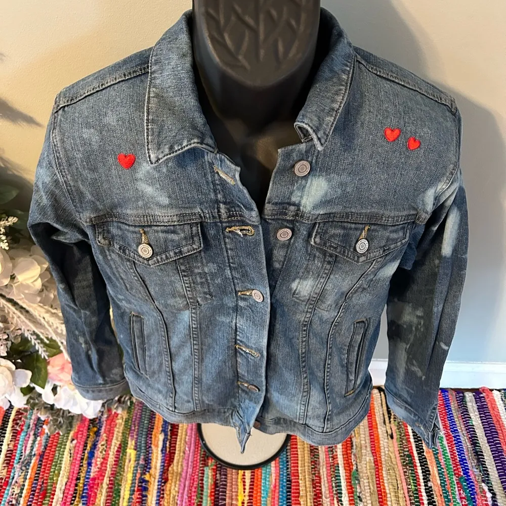 Lucky Brand Heart Embroidered Denim Jacket Tie Dye Blue Jean Large - Image 5