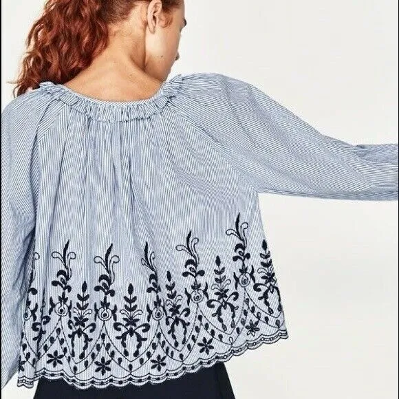 Zara Trafaluc Blue Striped Eyelet Embroidered Top Long Tie Balloon Sleeve Sz M - Image 2