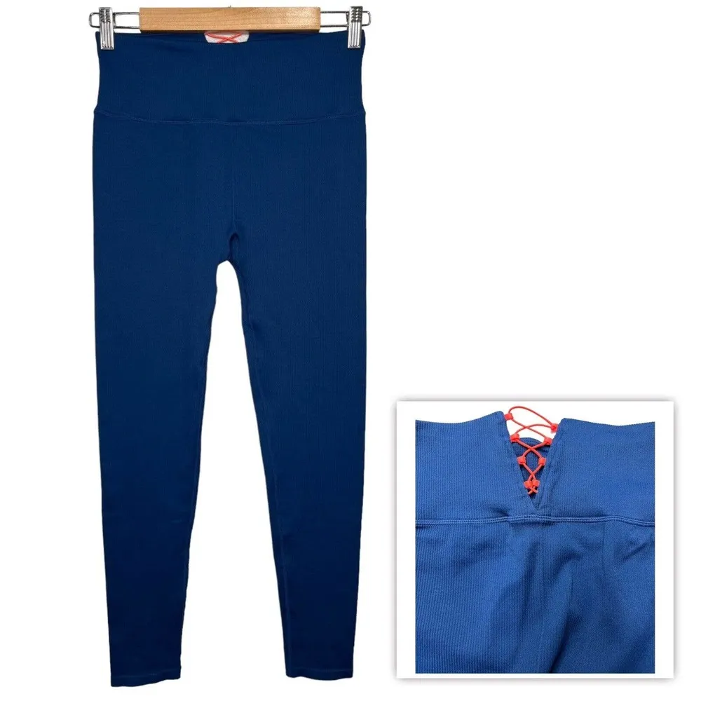 Fabletics High Waisted Seamless Ribbed Legging Corset Workout Yoga Teal Blue S - Image 2