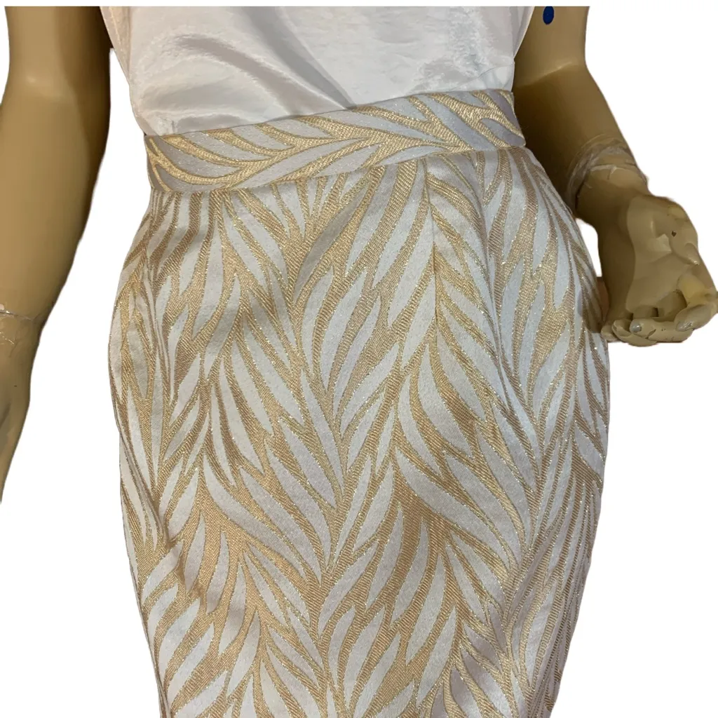 TERRAMINA CREAM & GOLD FOLIATE PRINT METALLIC THREADING MIDI PENCIL SKIRT (14) - Image 6