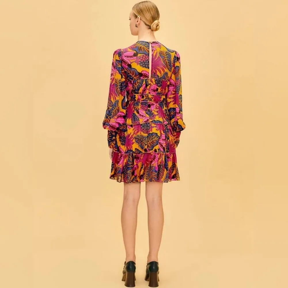 FARM Rio Floral Long Sleeve Key Hole Tiered Yellow Fruit Dream Mini Dress S - Image 9