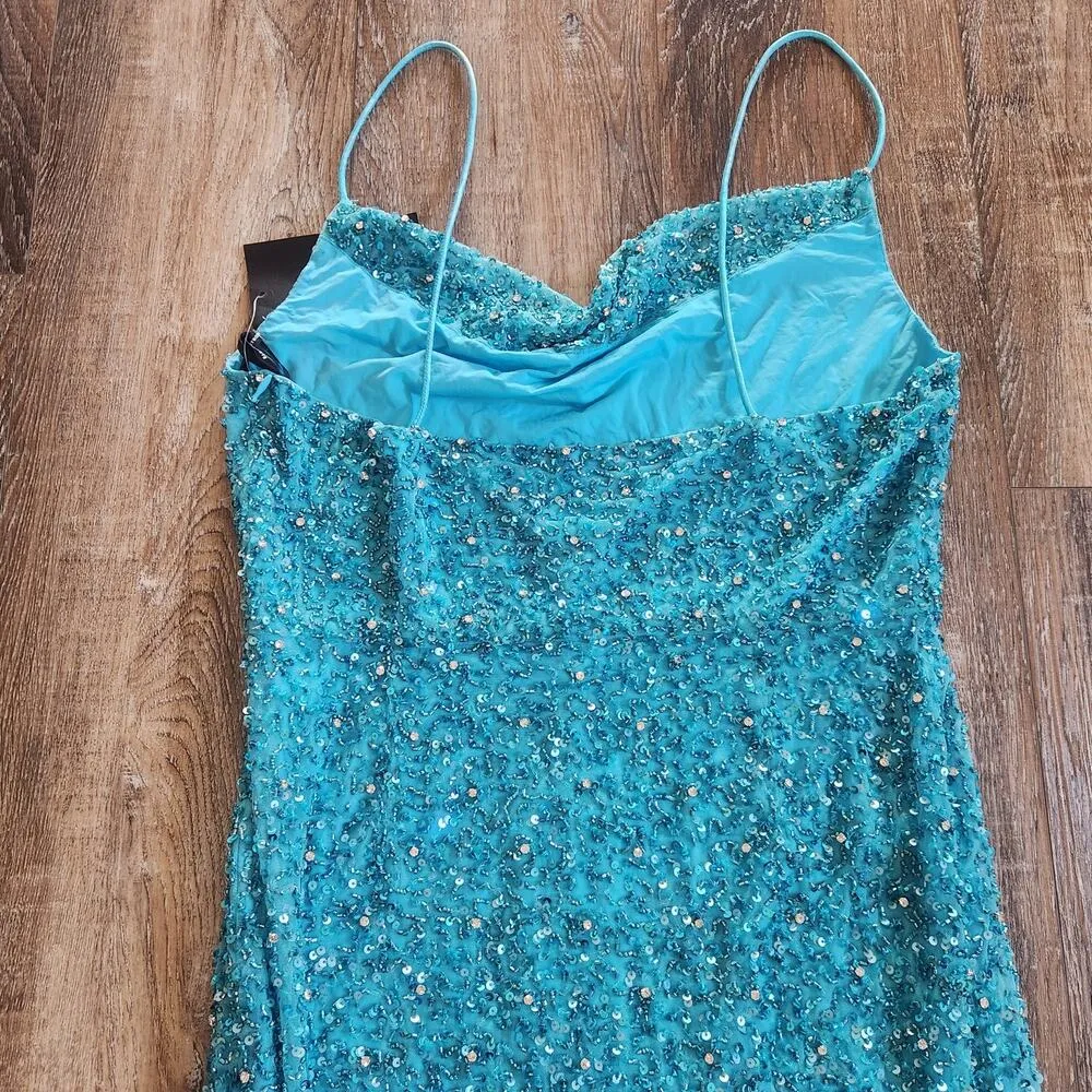 Retrofete Loretta Sequin Maxi Dress in Aqua Blue Size Large Sleeveless NWT - Image 7