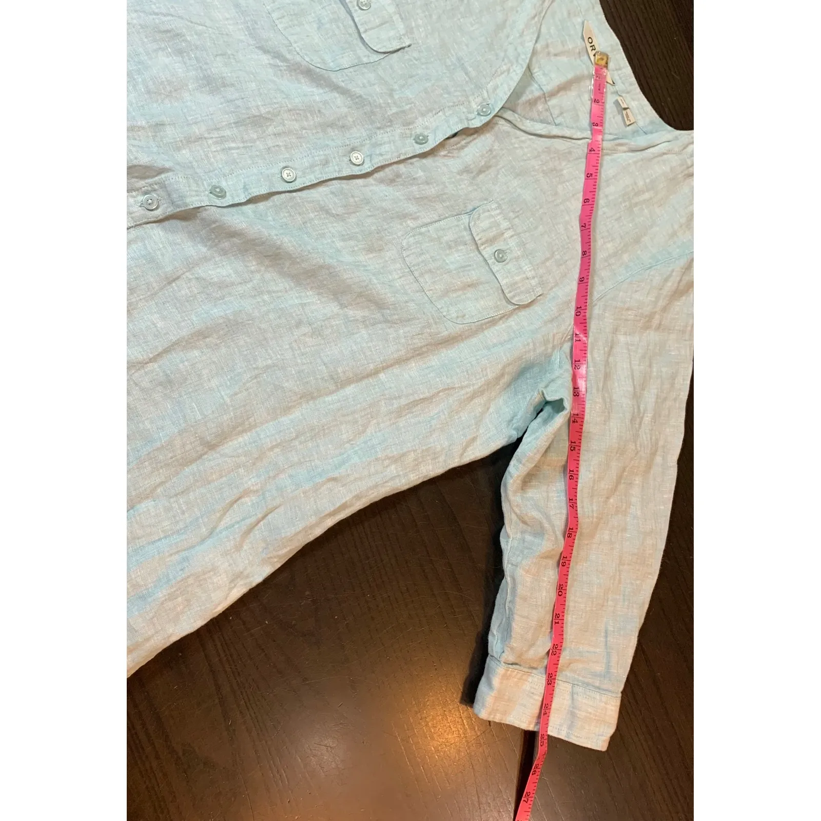 Orvis Womens Button Down Shirt XL Blue Linen 3/4 Sleeve Pockets Casual READ - Image 12