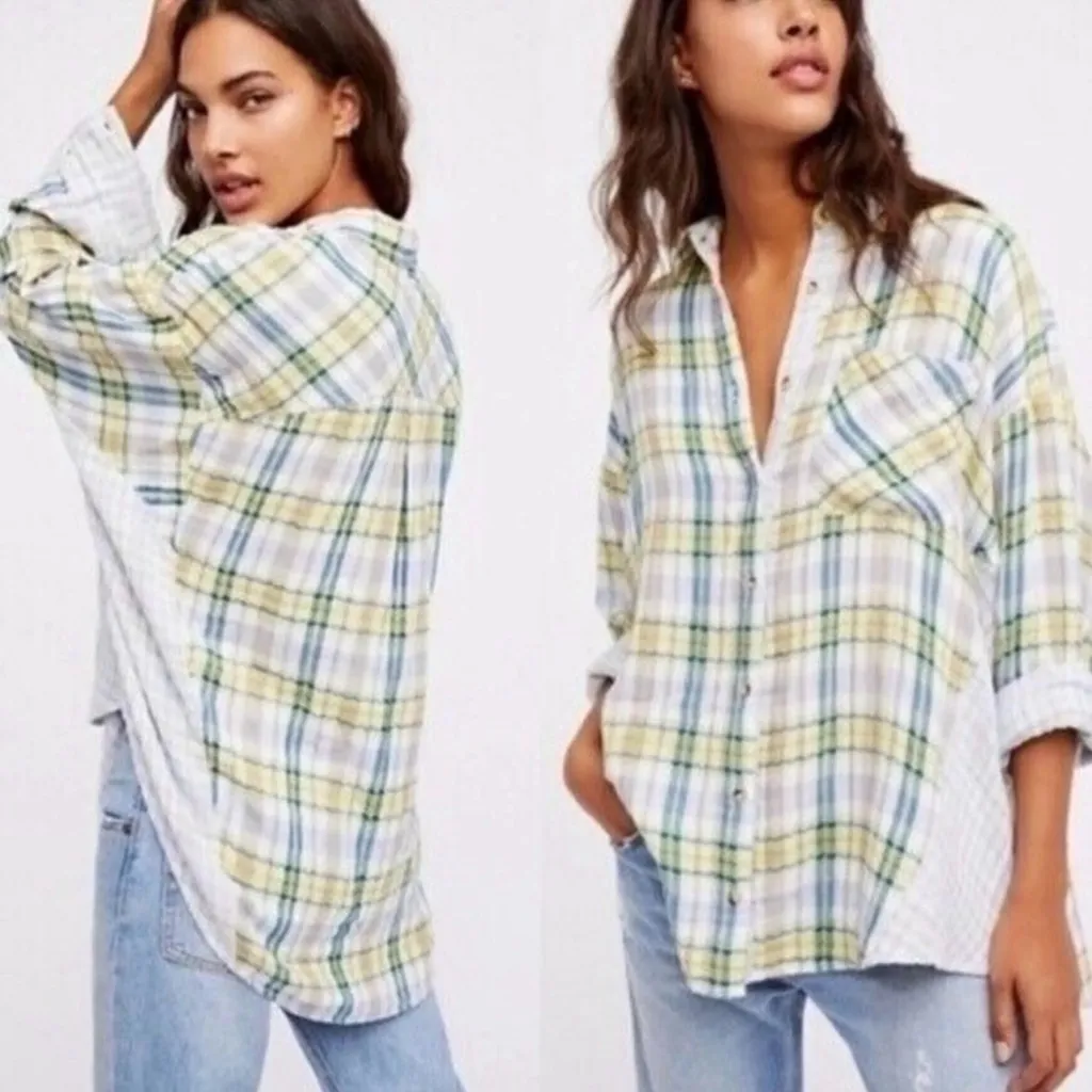 Free People One Of The Guys Plaid Flannel Button Down Shirt M - Image 2