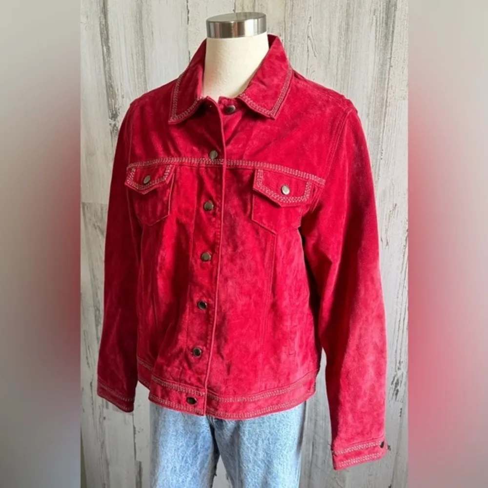 Red Suede Jacket Beaded Details western Large boho See description - Image 5