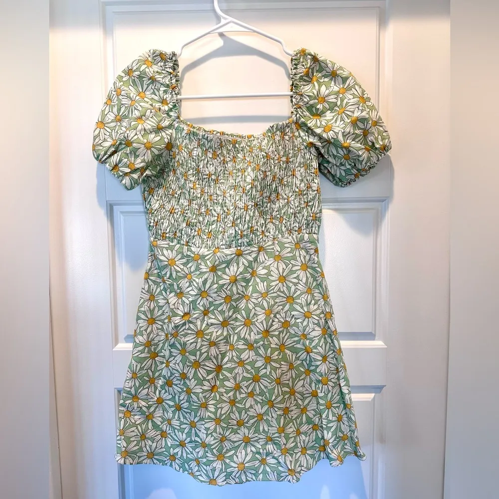 Zara Women's Linen Blend Green Square Neck Sunflower Mini Dress Size XS‎ - Image 2