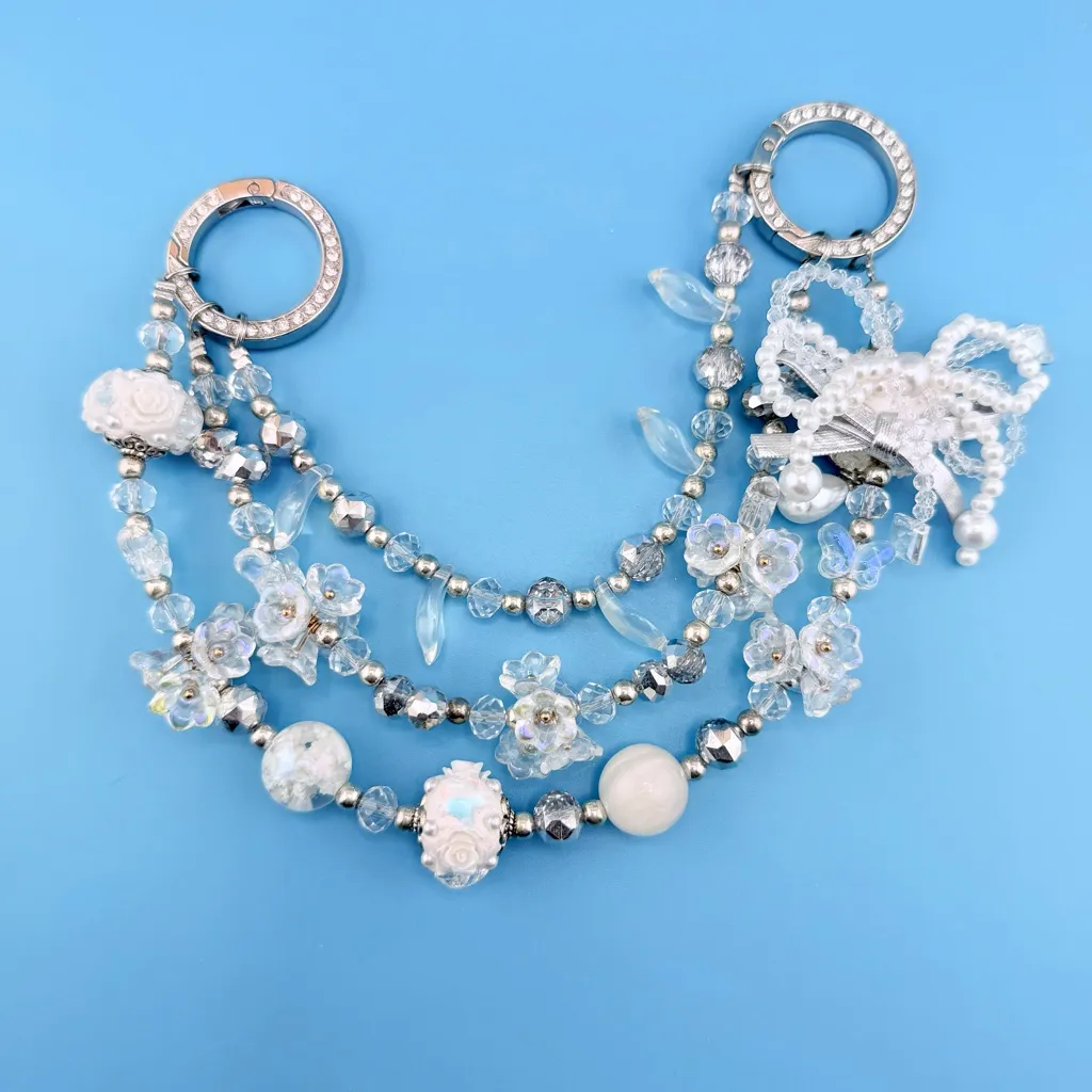 🤍 Luxury Bag/Phone Chain Charm/Keychain Triple-Layer Flowers Fancy Crystal Beads - Image 4
