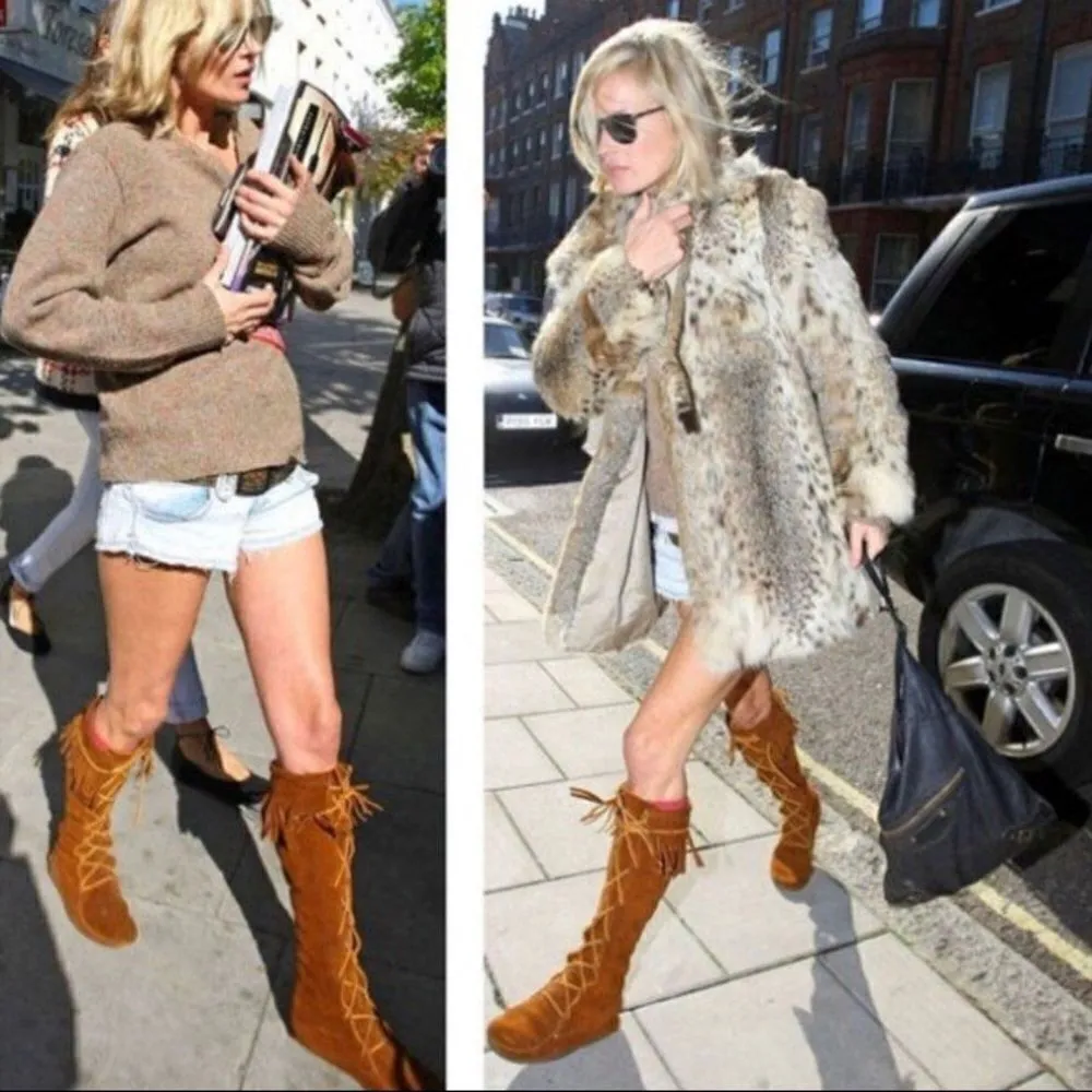 Minnetonka Vintage Fringe Tall Lace Boots Suede 10 Knee High Native Brown Tan - Image 2