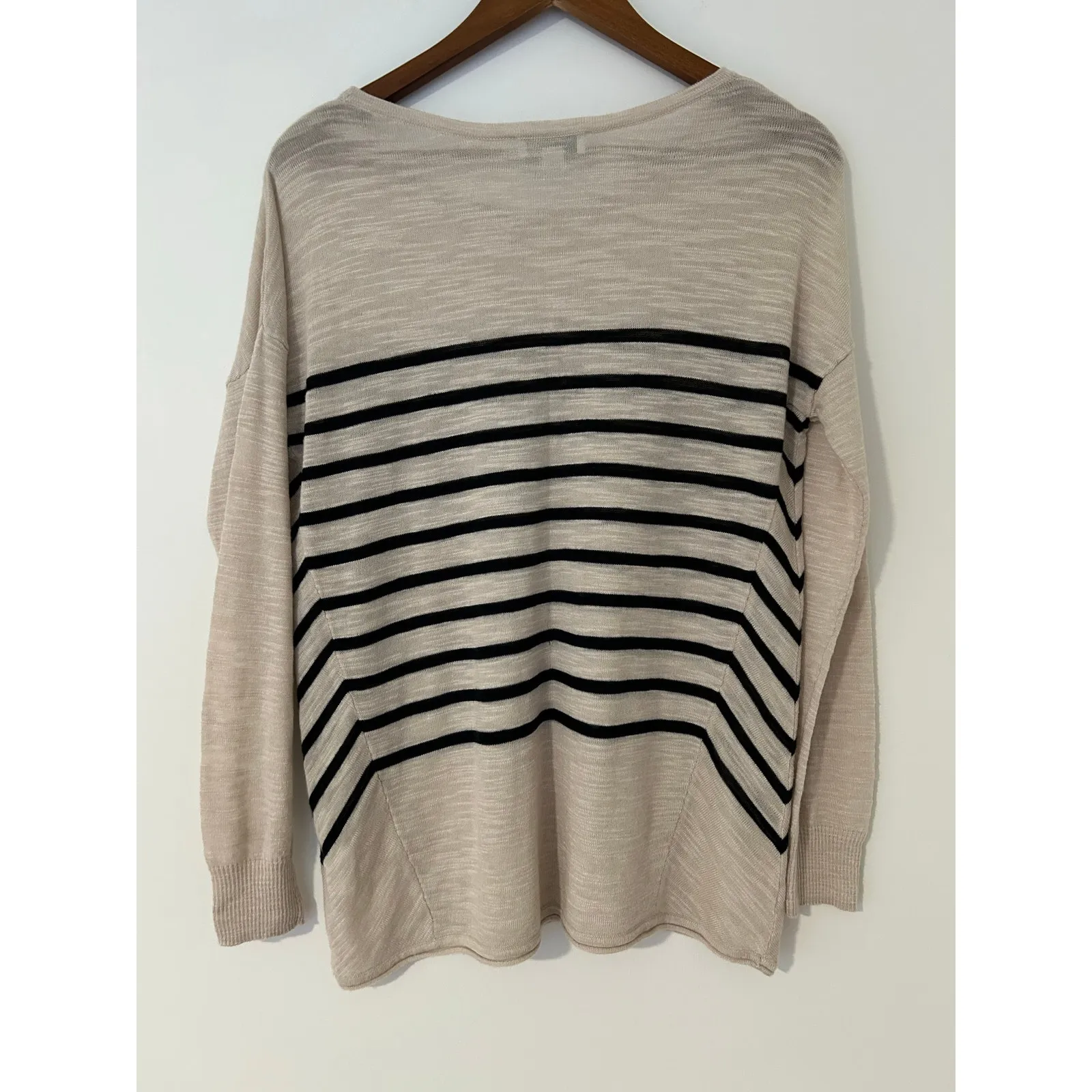 White + Warren L Striped Wool Blend Lightweight Sweater Top Tan Black Burnout Size L - Image 9
