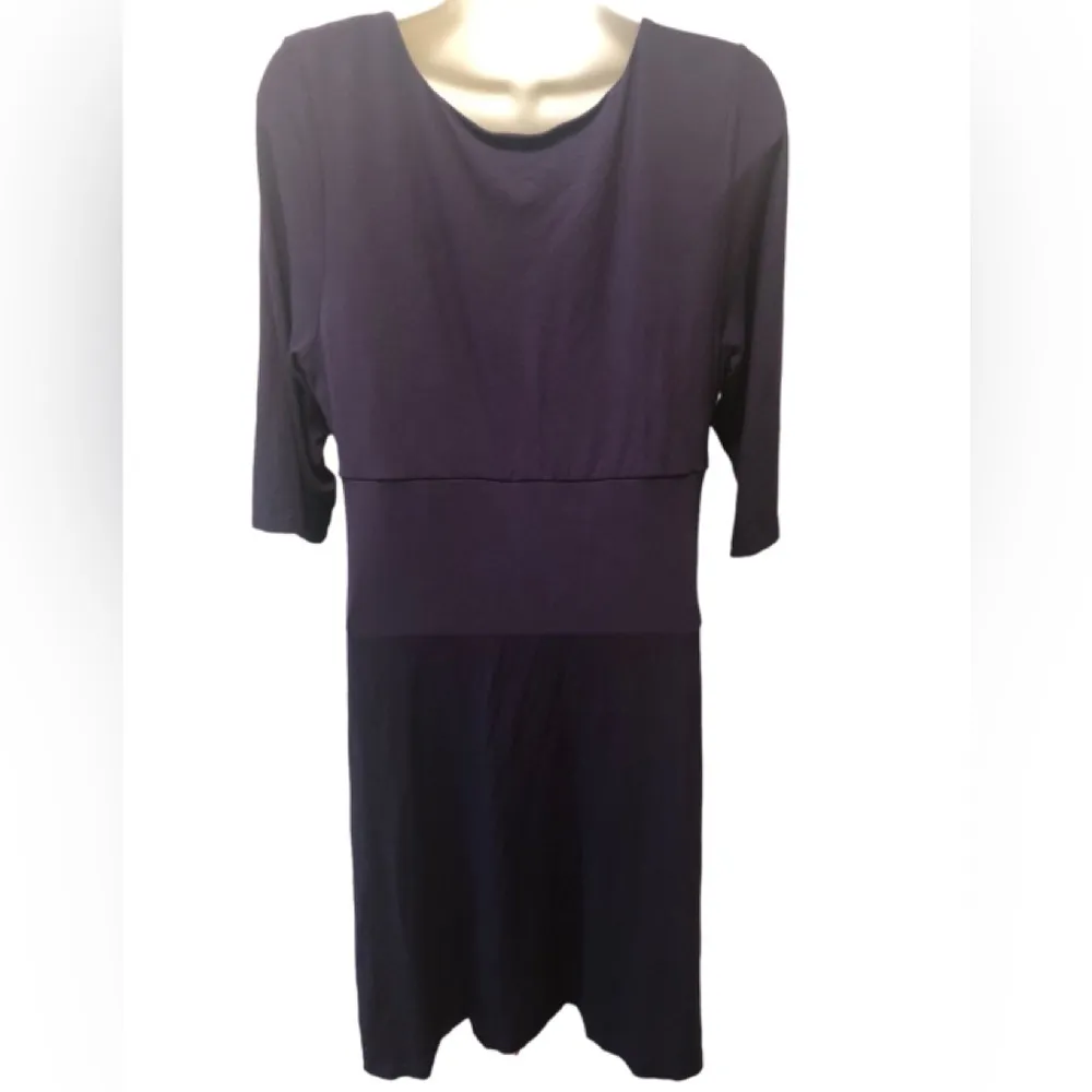 Navy Blue Midi Jersey Knit Dress Size L Tied Bust Waterfall Skirt - Image 6