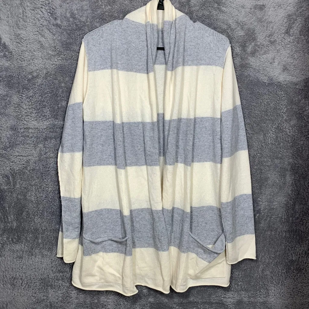 Women’s Open Front Striped Cardigan Sweater Gray White Long Sleeve Pockets Size Size M - Image 1