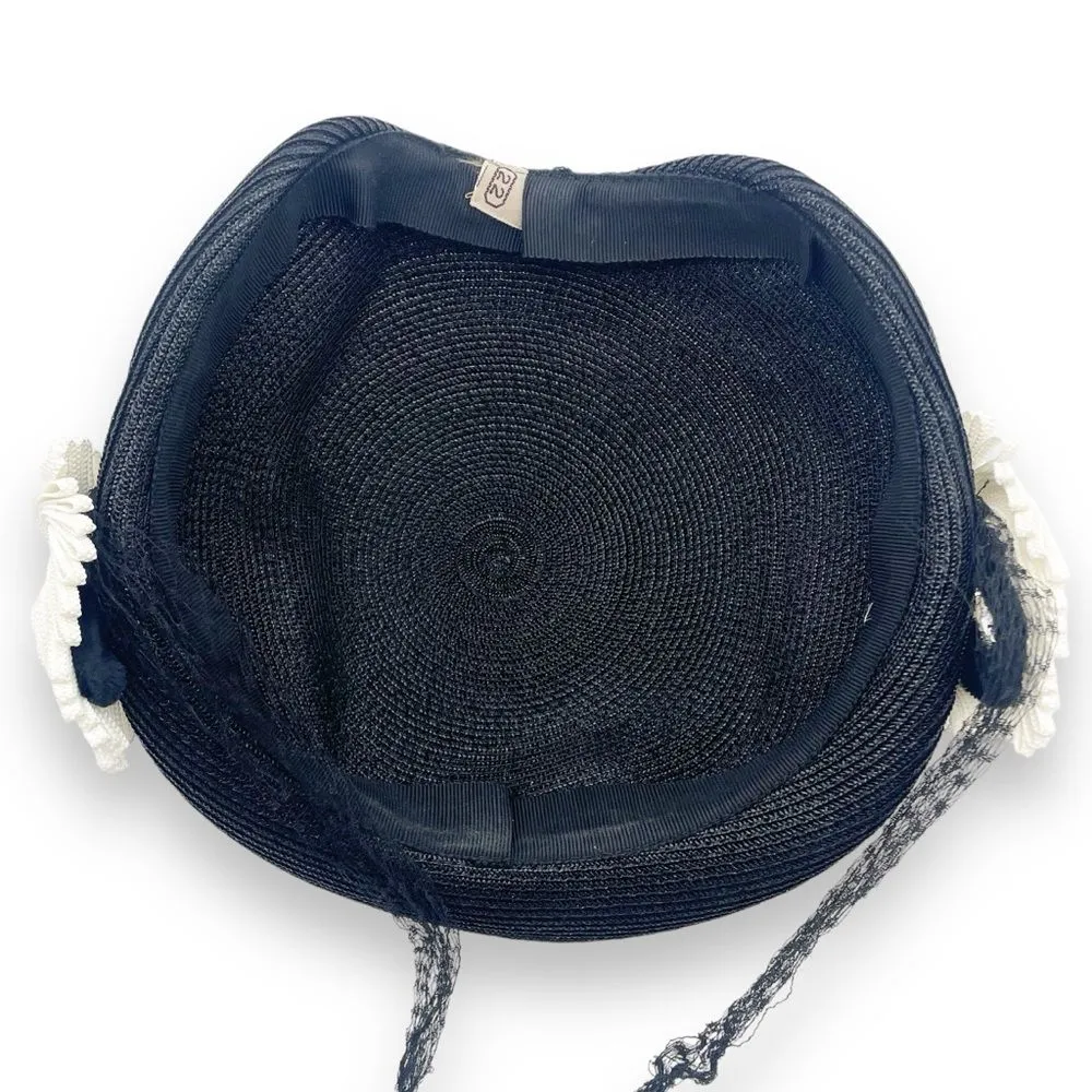 Vintage 50s Tilt Hat Black & Cream Straw Close Style Fascinator Black Mesh Veil - Image 14