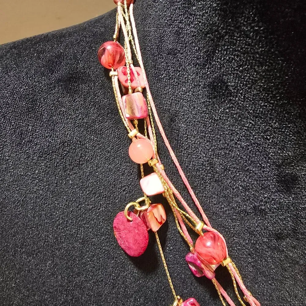 Vintage Womens Jewelry Necklace Bright Pink Beads Multi Strand w/ Lobster Clasp - Image 5
