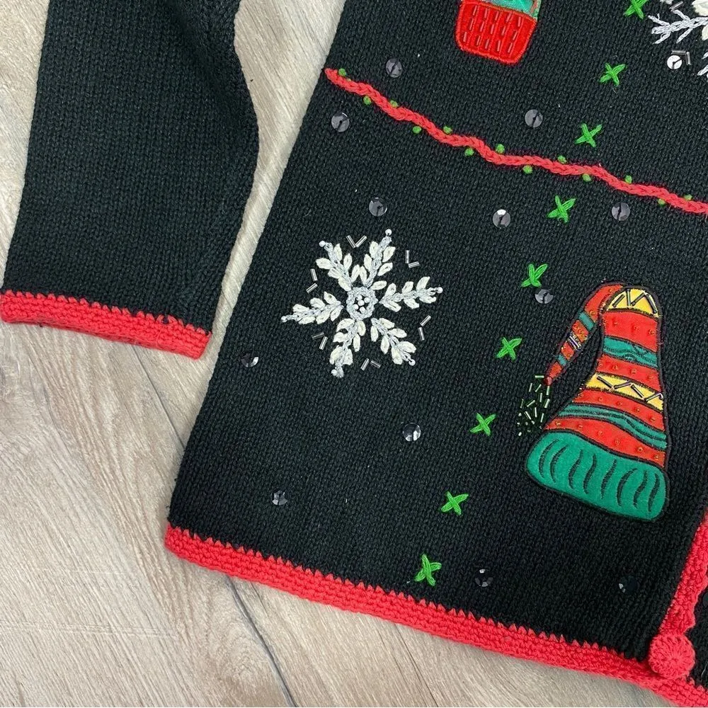 Vintage Cherokee Embroidered Beaded Holiday Cardigan Sweater Black Multi Small - Image 7