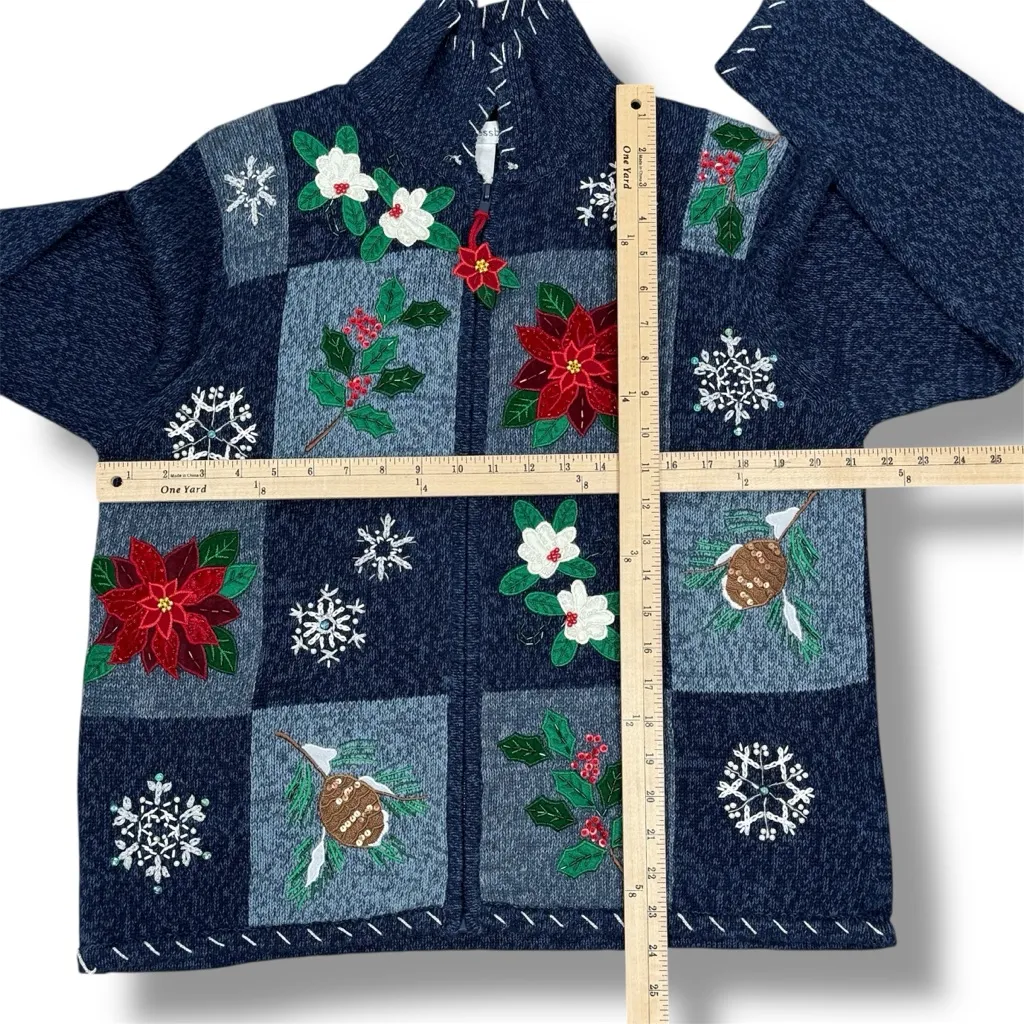 DressBarn Vintage Embroidered Beaded Christmas Sweater Cardigan Blue Large‎ - Image 11