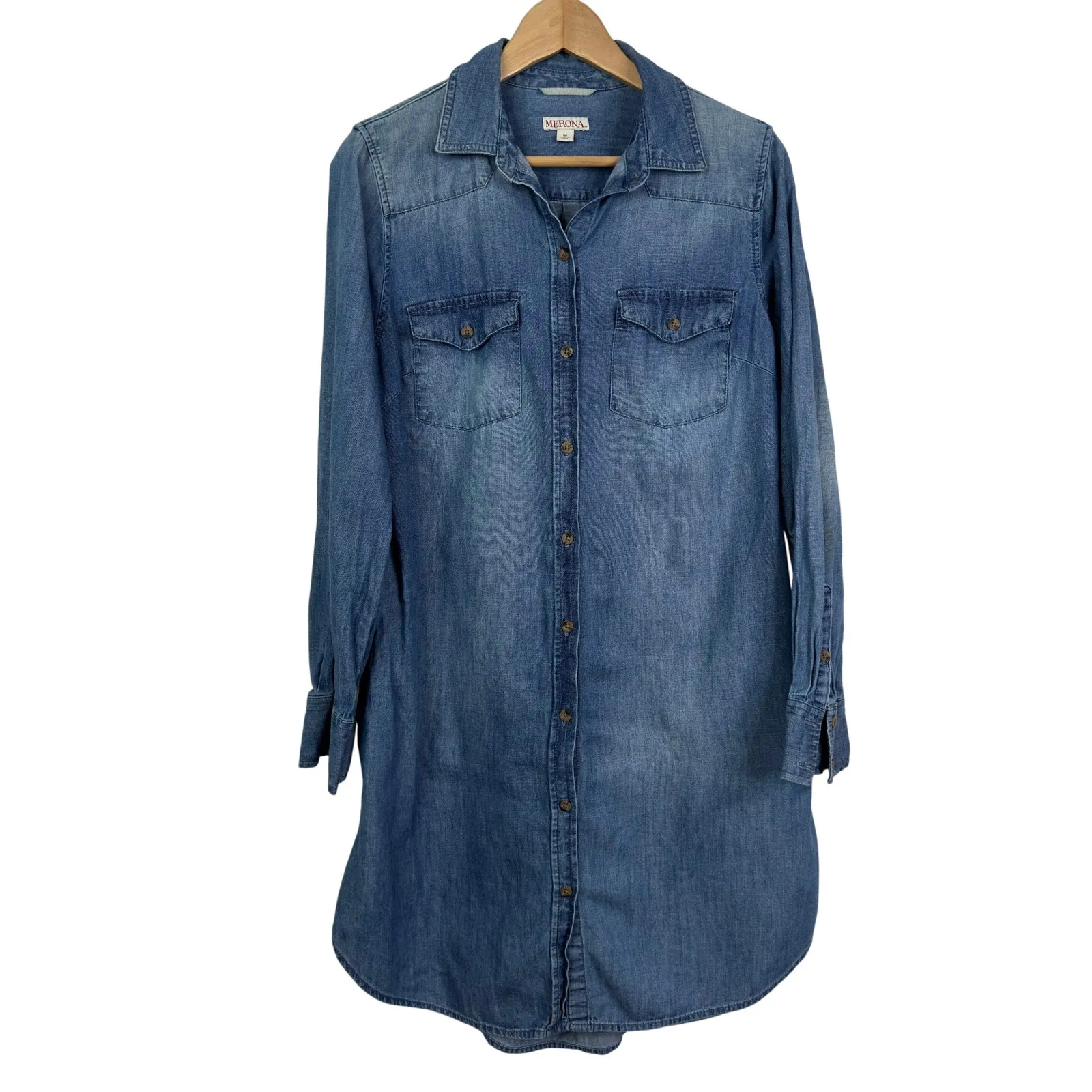 Merona Women Blue Denim Jean Shirt Dress Long Sleeve Button Up Size M NO BELT! - Image 2