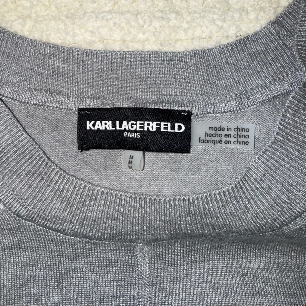 Karl Lagerfeld Sweater Womens Grey Cold Shoulder Bell Sleeve Ribbed Top Shirt - Image 2