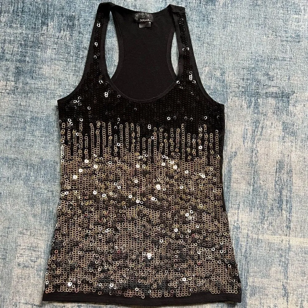Jeknit Black Silver Gradient Ring Sequin Racerback Tank Top Small Black - Image 7