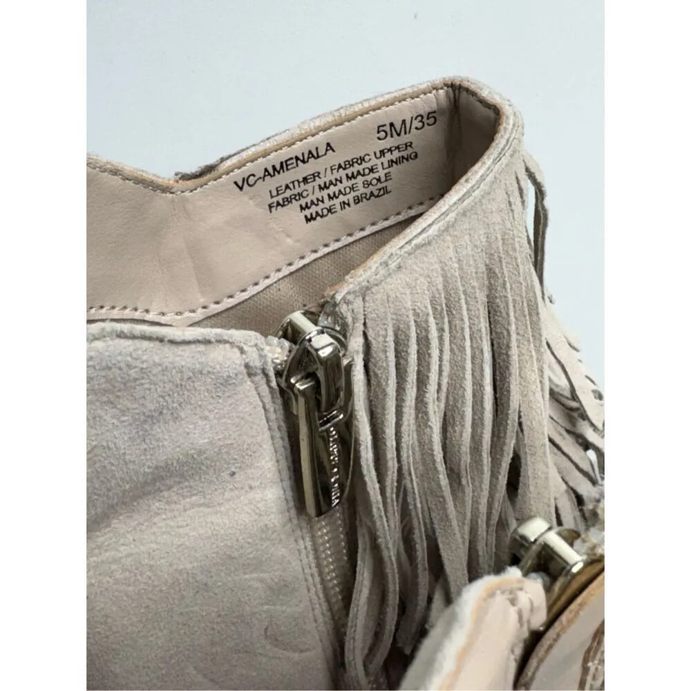 Vince Camuto Bootie Size 5 Tan Suede‎ Fringe Stiletto Heels Open Toe - Image 6