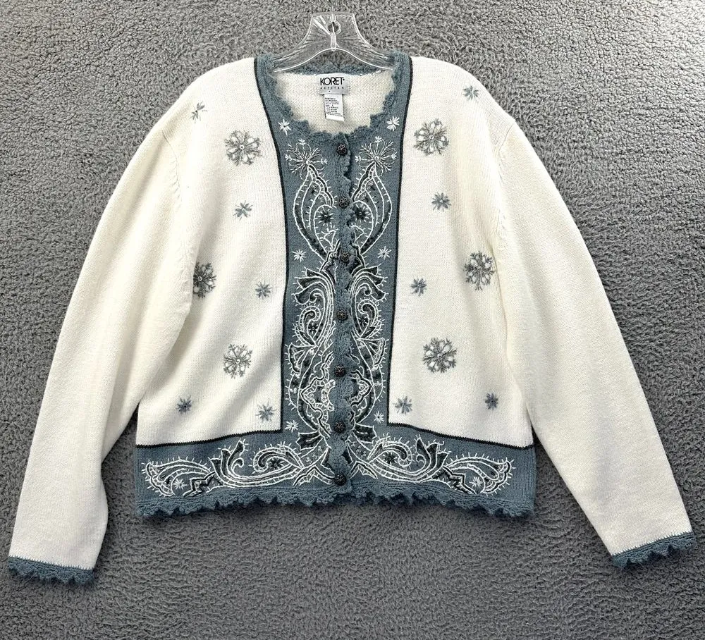 Vintage Koret Knit Cardigan Sweater Snowflakes Holiday Sequin Embroidered W LP White Size undefined - Image 1
