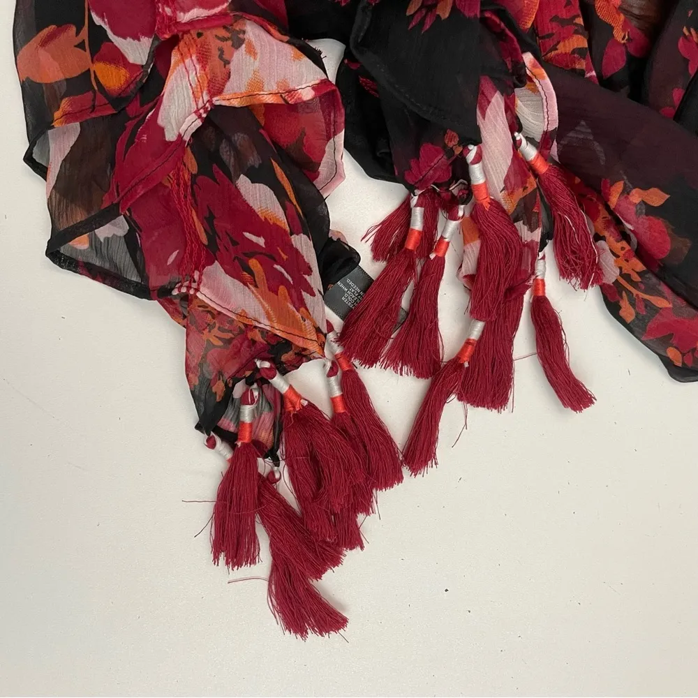 Scarf Oblong Large Floral Fringe Embroidery Wine Red Black Orange White - Image 3