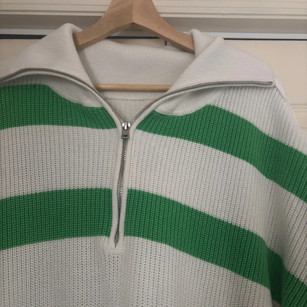 Aerie Beyond Quarter Zip Sweater Green and White Polo Stripe Oversized Size XL - Image 3
