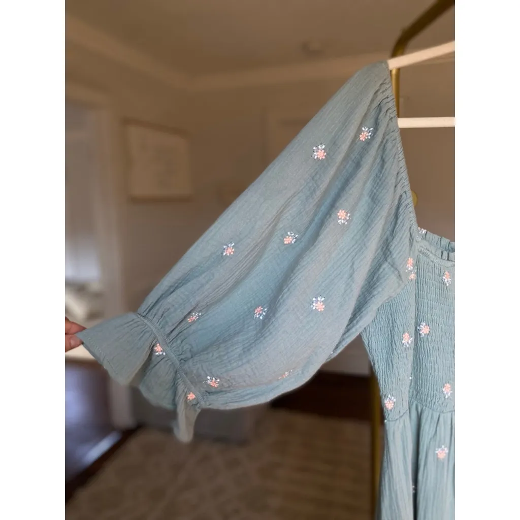 Listicle Cotton Gauze Maxi Dress Teal Embroidered Floral Romantic Castlecore L - Image 5