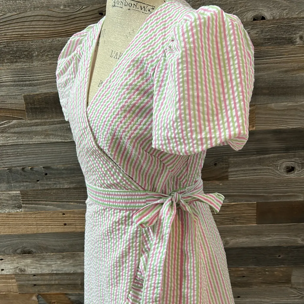 Draper James White Asymmetrical Stripe Ruffled Wrap Dress Size Medium - Image 5