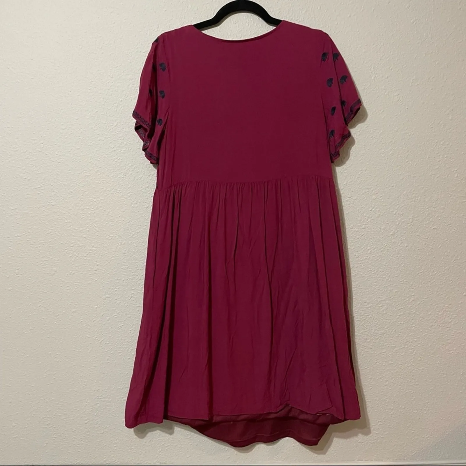 Polagram Burgundy Boho Embroidered Boho Short Sleeve Babydoll Dress Womens S - Image 4