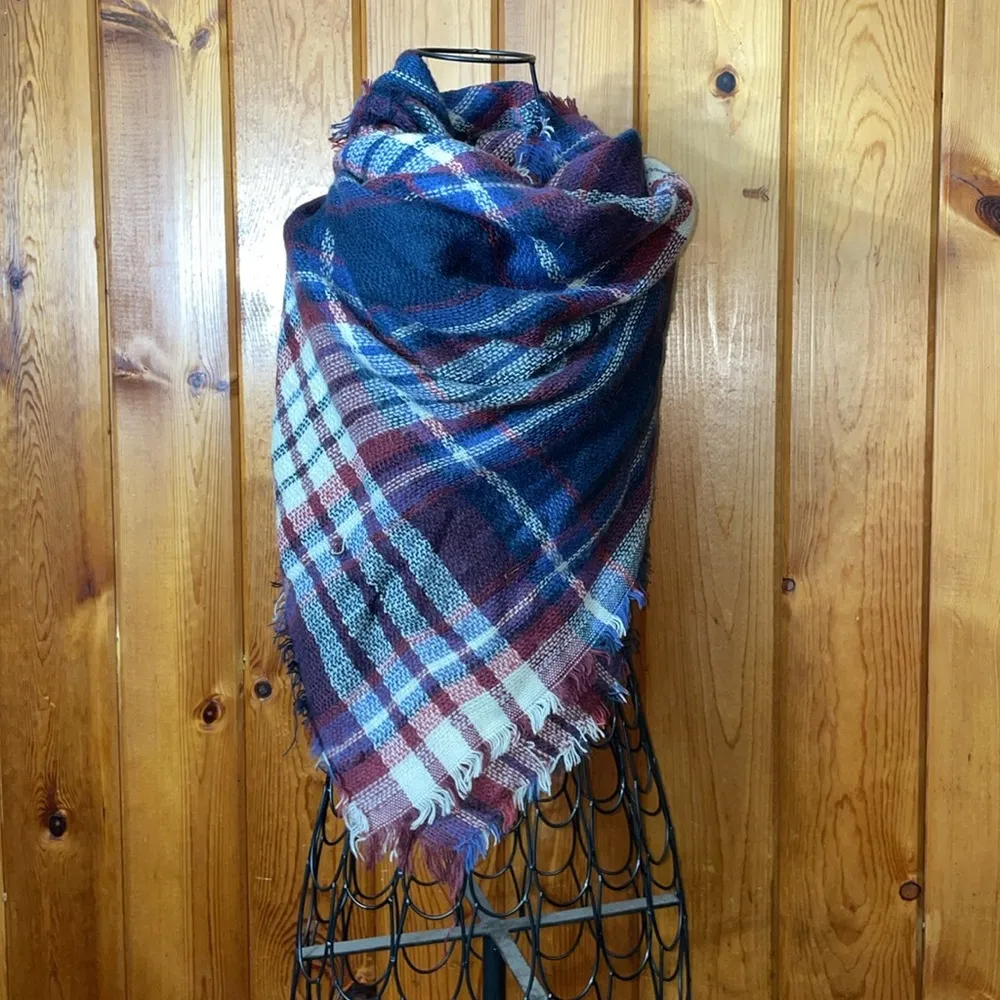 Blanket Scarf Plaid Long Warp Shawls Tartan Knit Winter Warm Lattice Scarves Blue - Image 5