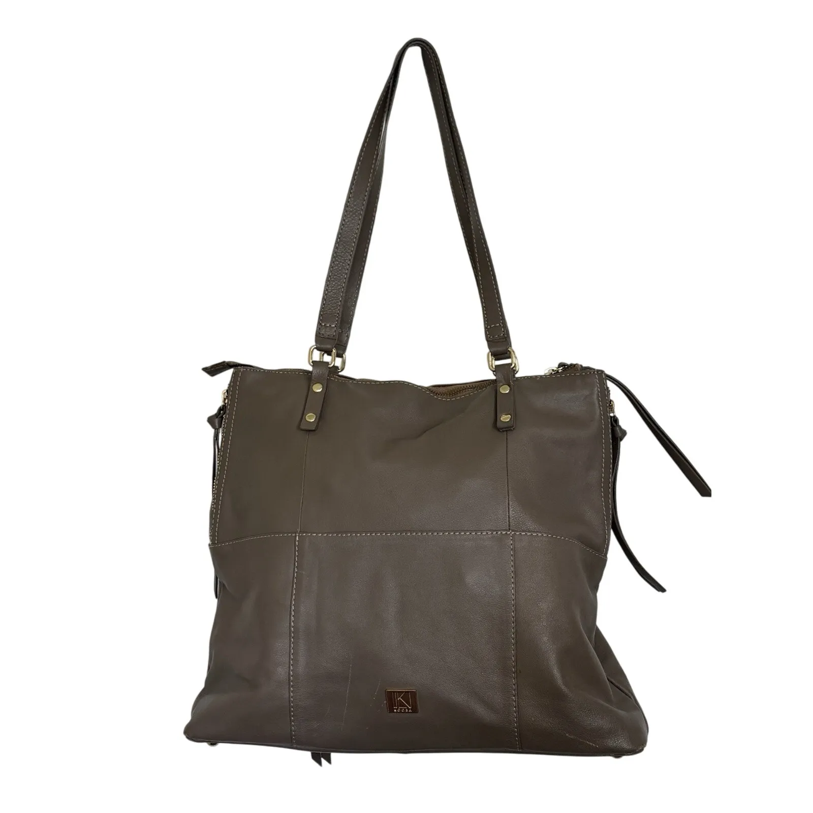 Kooba Everette Taupe Brown Leather Expandable Tote Shoulder Bag Gold Accents - Image 2