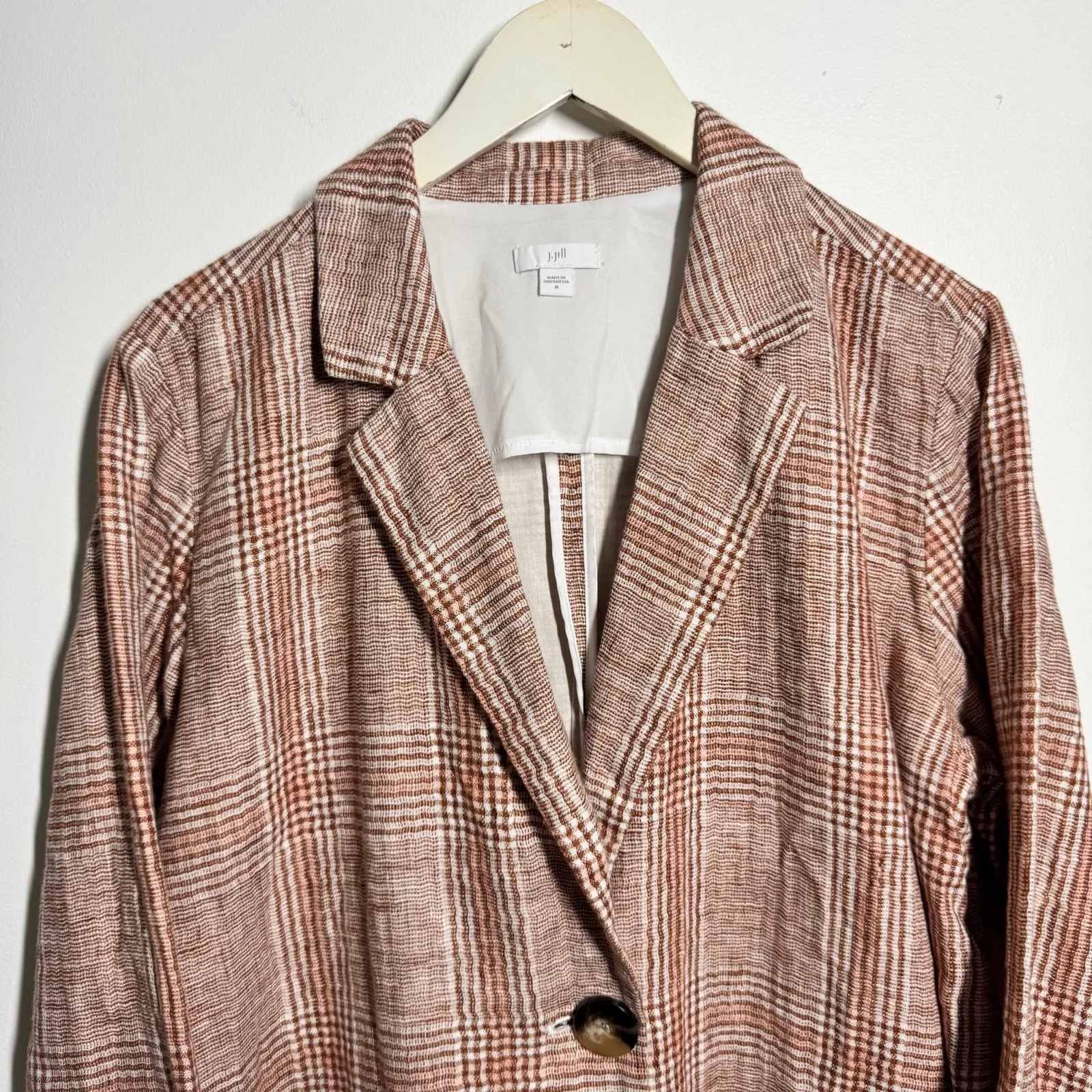 J.JILL Plaid Linen Cotton Blazer Jacket Woven M Brown OVERSIZED Fit Pockets Coat - Image 3