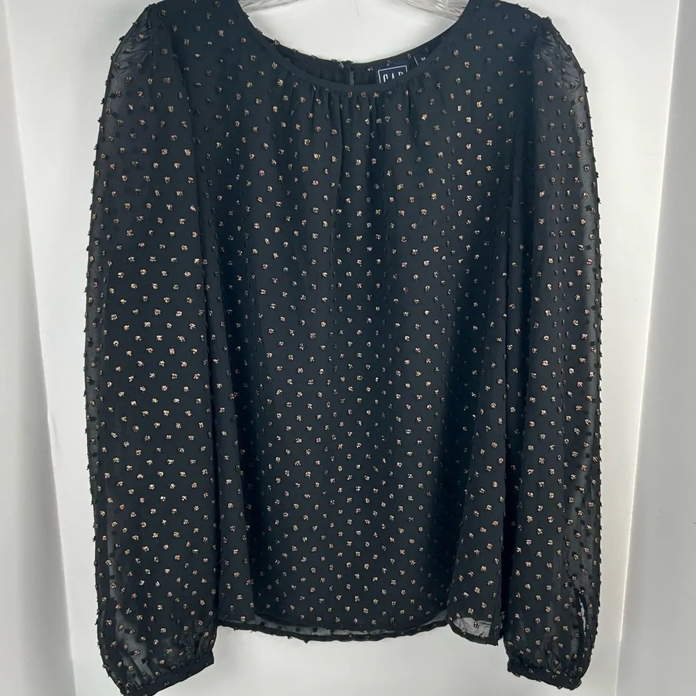 GAP Women's Black Blouse Copper Dots Sheer Long Sleeve Crew Neck Casual- Medium - Image 3