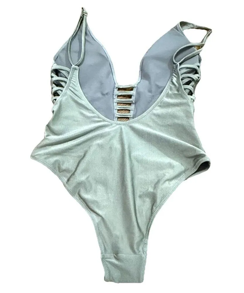 Grey Low Cut One Piece Bathing Suit Gray Size M - Image 2