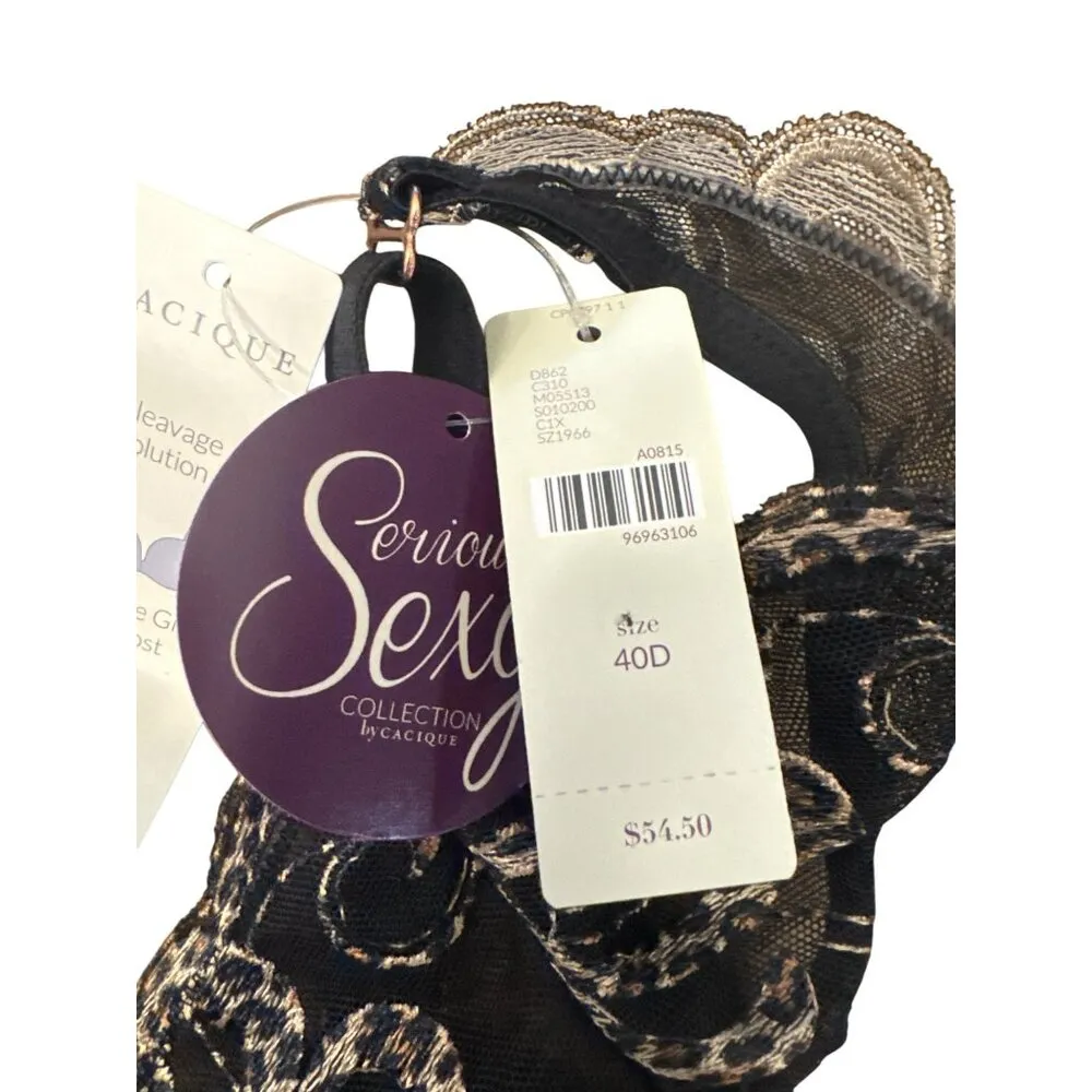 Cacique Black Lace Bra 40D Thong Panty 14/16 Gold Leopard Lingerie Set NWT - Image 5