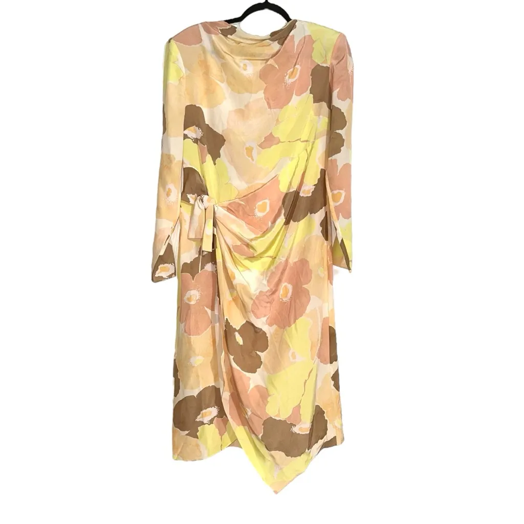 St. John Silk Watercolor Floral Long Sleeve Faux Wrap Midi Dress 10 - Image 4