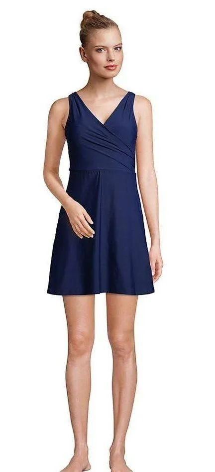 LANDS END Tummy Control Surplice Wrap Swim Dress One Piece Swimsuit Navy Size 18 Blue - Image 1