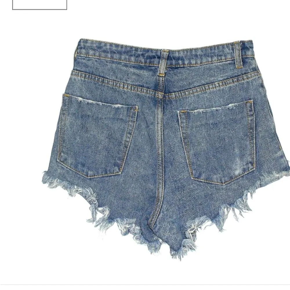 Signature 8 Denim Shorts Distressed Frayed Tattered Button Fly 3" Inseam Small Blue - Image 2