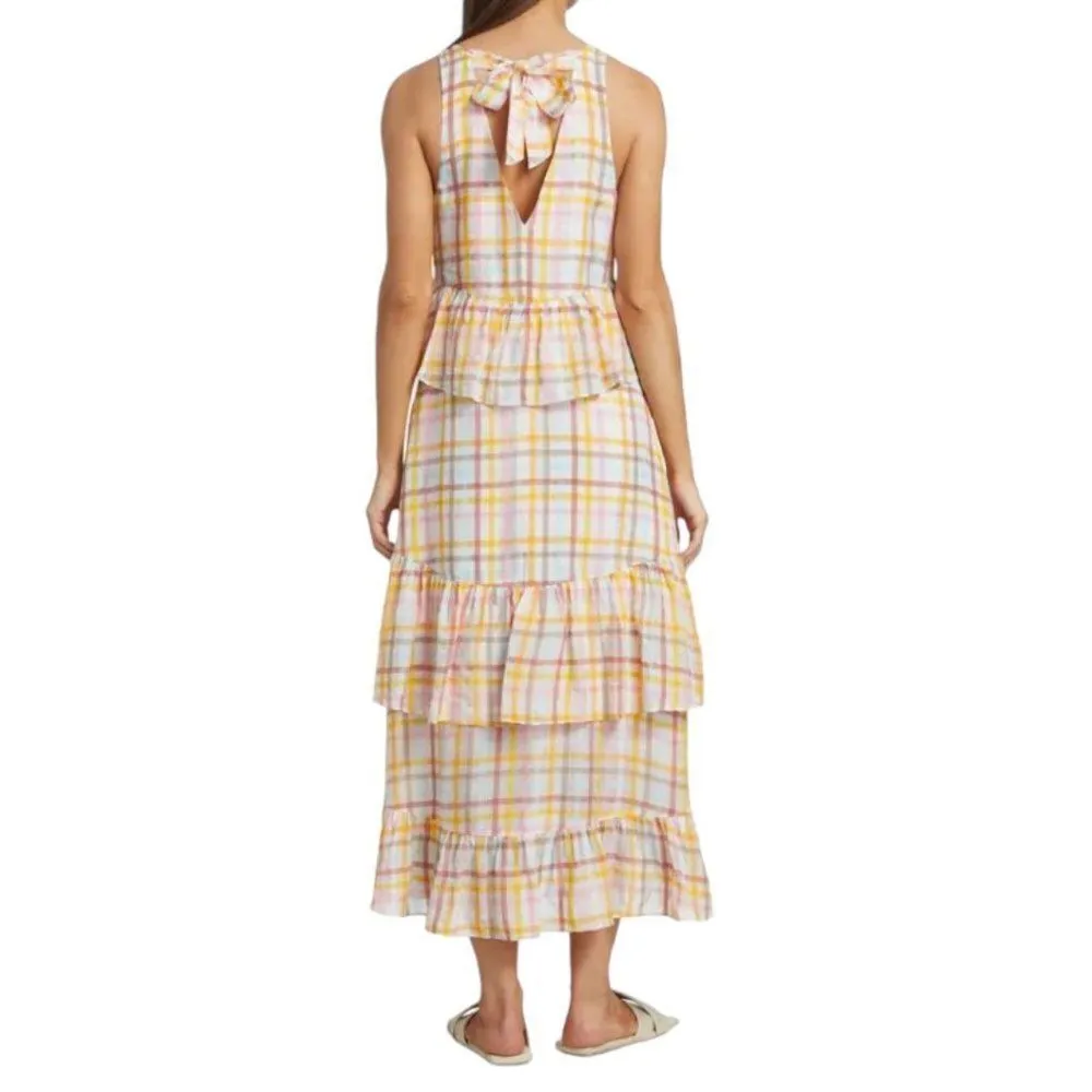 cinq a sept Astor Tiered Ruffle Midi Dress Pastel Plaid Womens Size 4 - Image 3