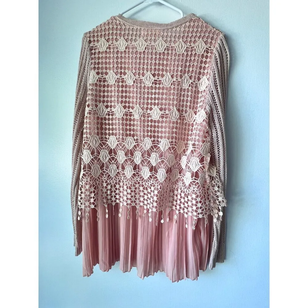 Blouse top long sleeve embroidered floral pleated romantic peach pink M - Image 10