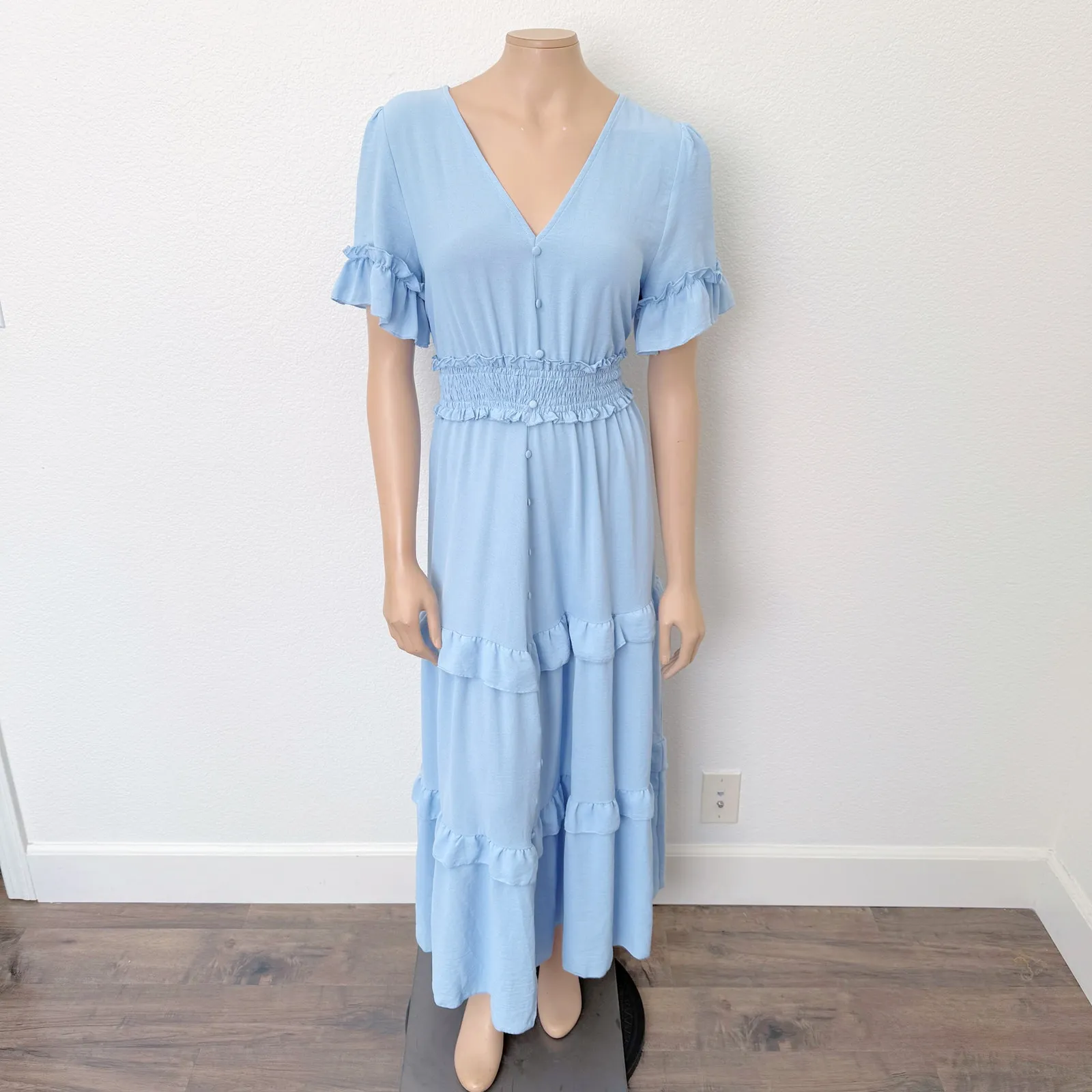 [Simplee] Blue V-Neck Tiered Ruffle Hem Smocked Waist Maxi Dress Size Large L - Image 2