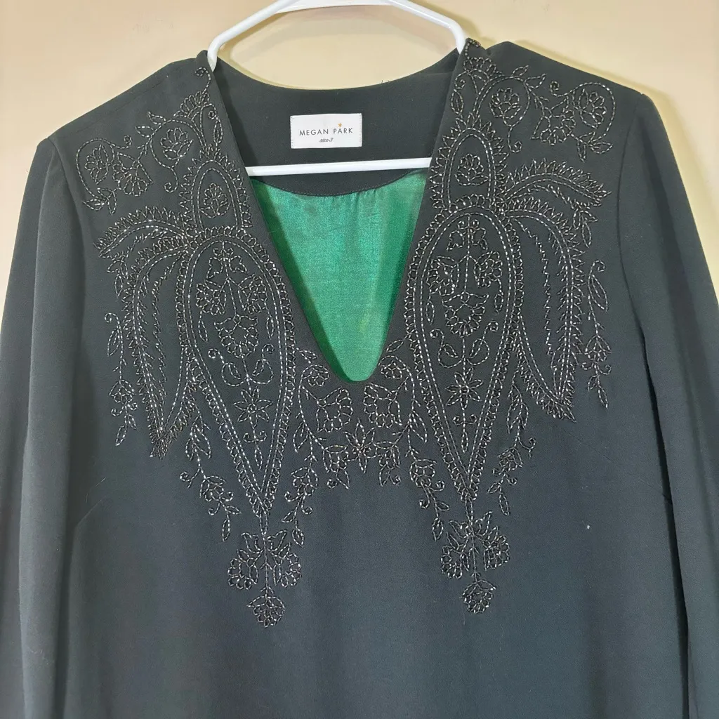 Megan Park Women's‎ 3 / US 8 Green Beaded Long sleeve Dress Knee Length - Image 2