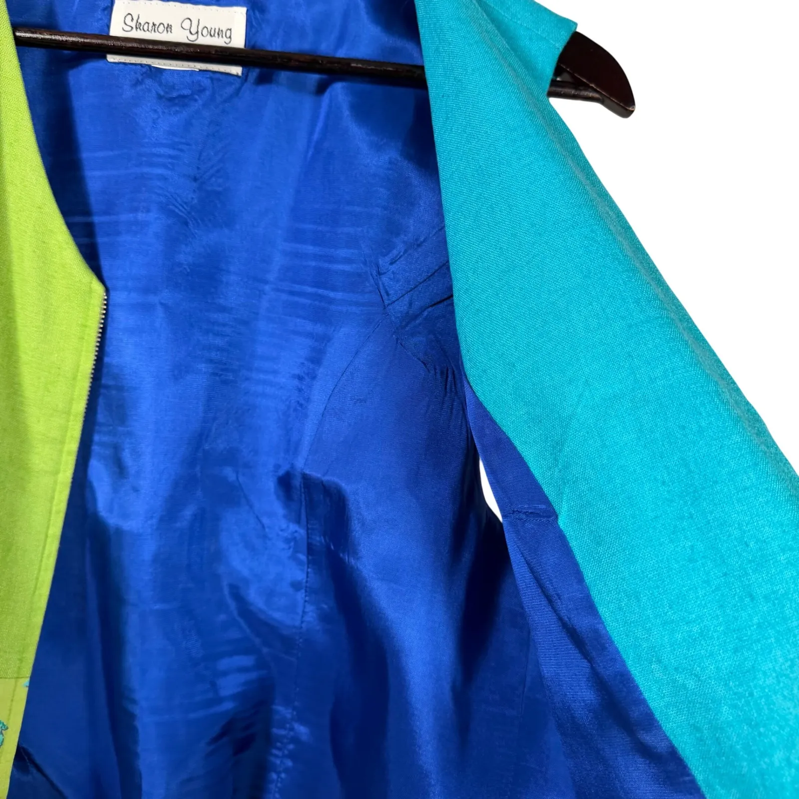 Vtg Sharon Young Sportswear Colorblock Fish Print Zip Vest Blue Green Retro Size M - Image 10