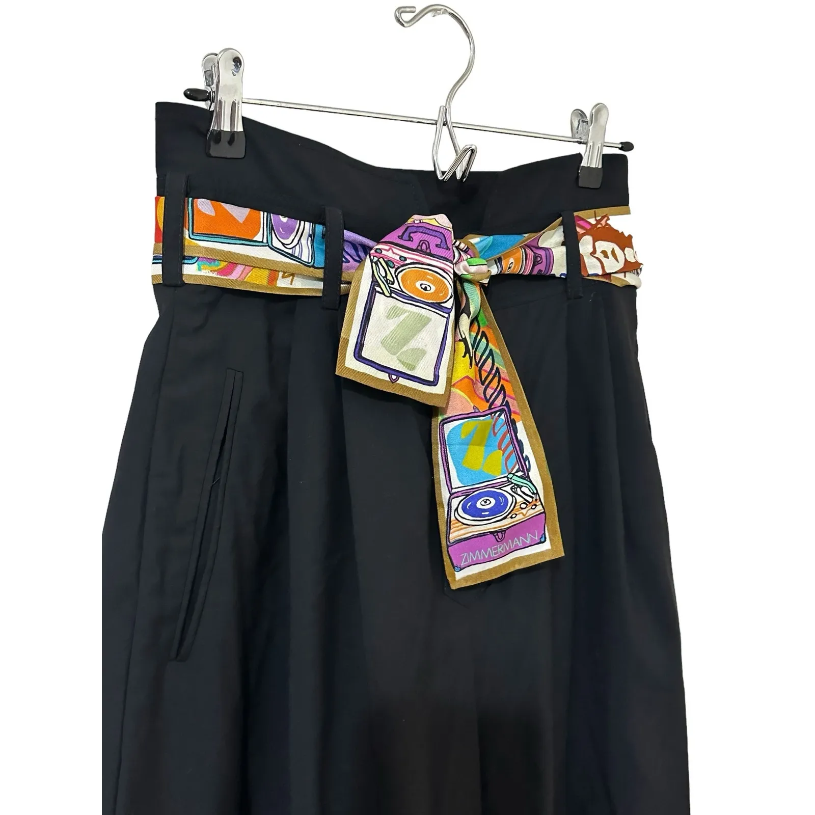 ZIMMERMANN Pants Black Wool High Waist Wide Leg Pleat Colorful Silk Belt size 6 - Image 3