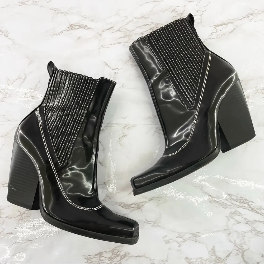 Zara Topstitched Black Patent Leather Western Boots Heeled Square Toe Slip On 5 - Image 2