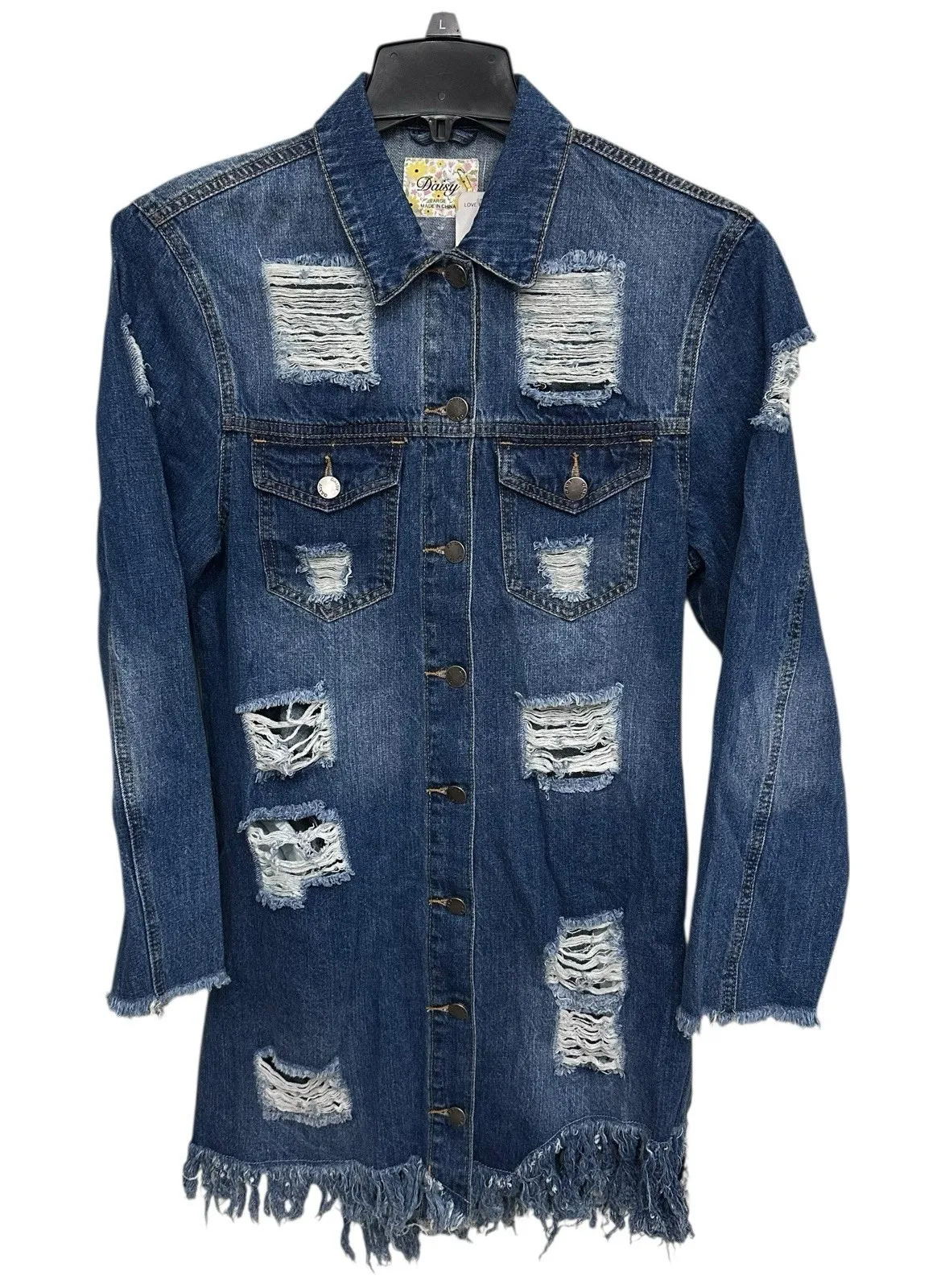 Daisy Blue Distressed Long Denim Jacket Women's Size Large Frayed Hem Pockets - Image 1