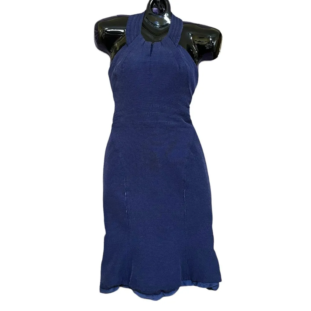 Navy Blue Halter-Neck Sheath Midi Mermaid Dress - Image 2